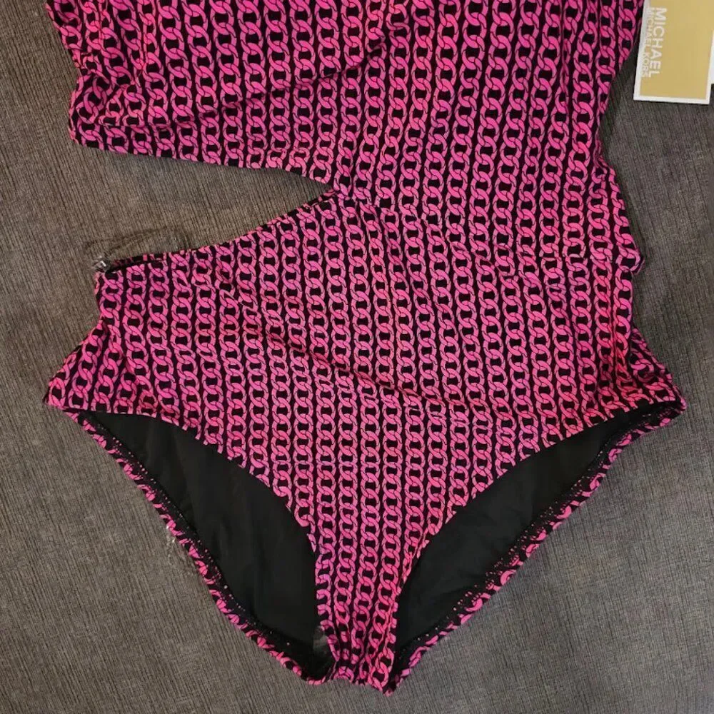 Michael Kors Black Pink Chain Pattern One Shoulder Cutout One Piece Swimsuit 12